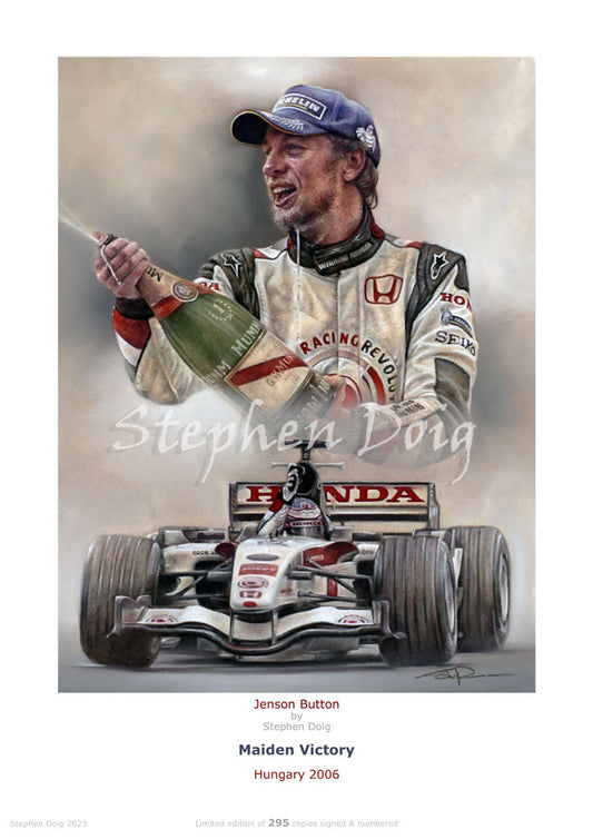 Jenson Button - Maiden Victory - Hungary 2006  Ltd edition giclee print by Stephen Doig